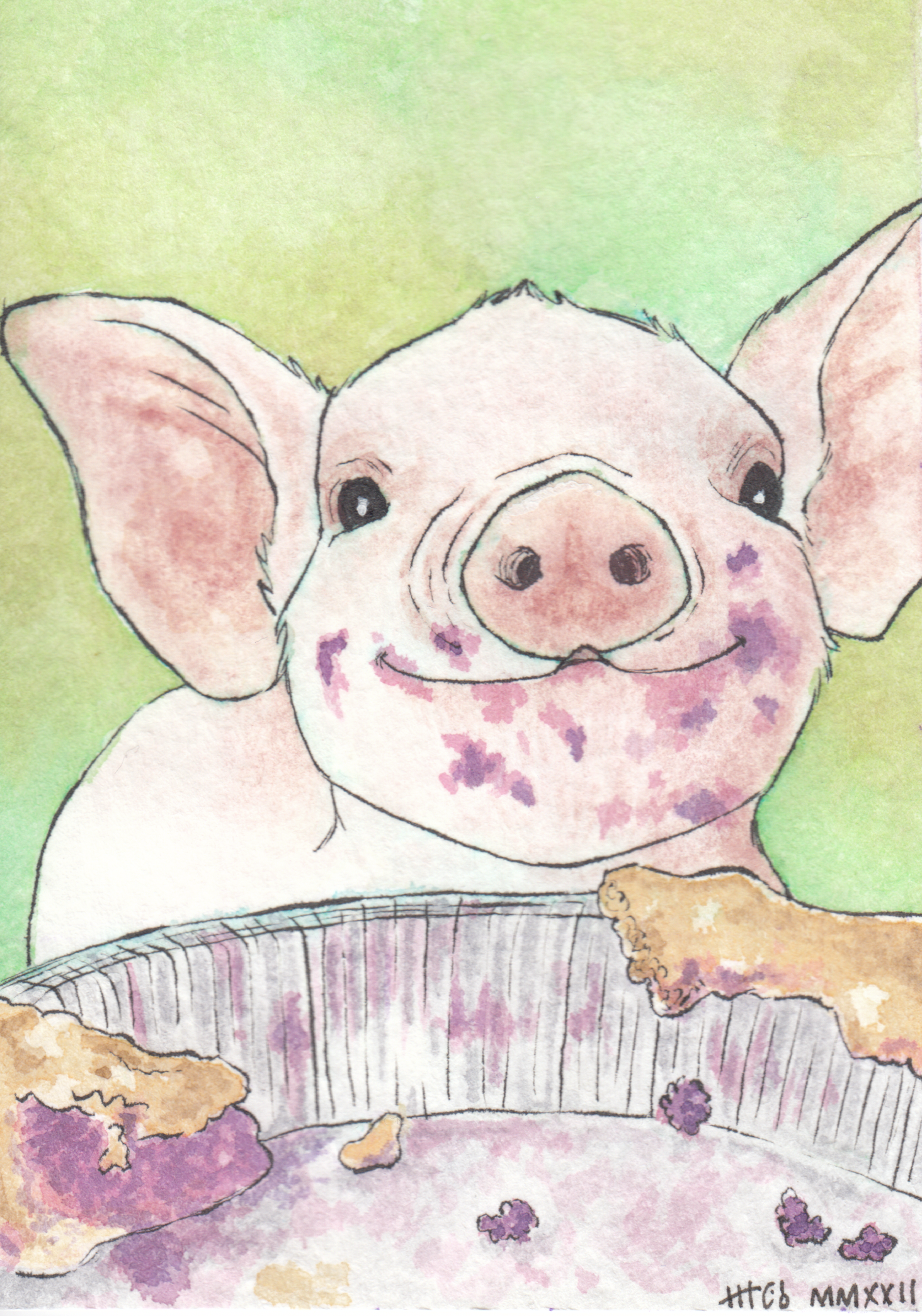 Watercolor painting of a pig with pie